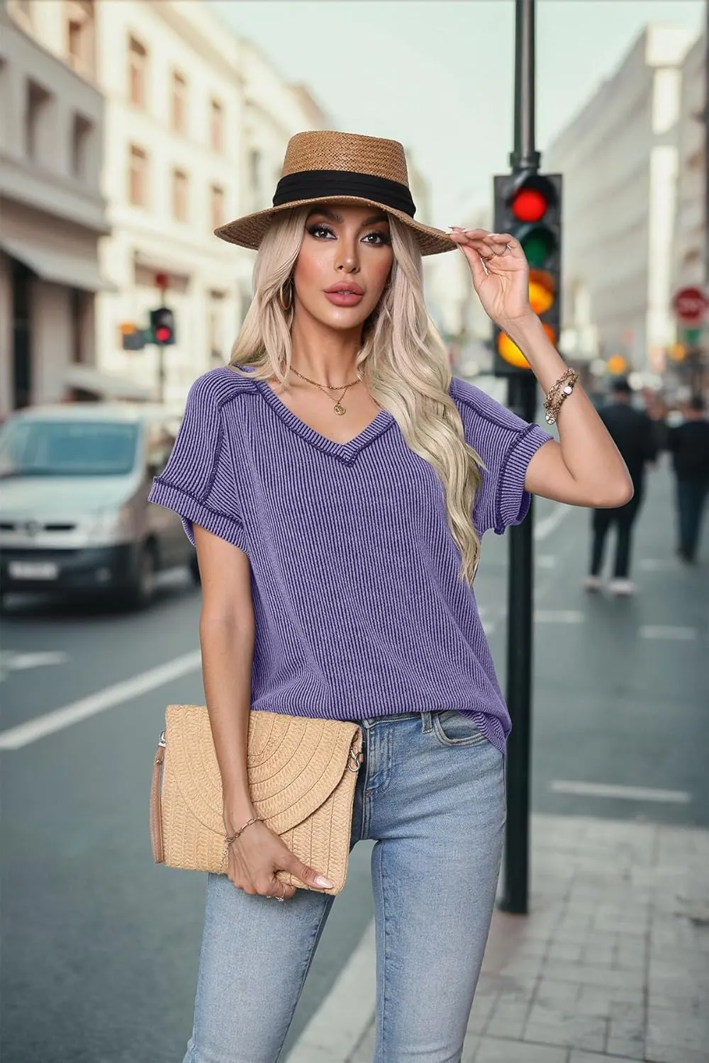 levaca Womens Summer Tops V Neck Cap Short Sleeve Ribbed Tshirts Business Casual Loose Fit Basic Tees Trendy Tunics Clothes