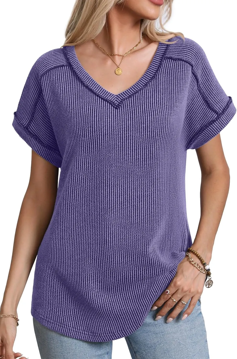 levaca Womens Summer Tops V Neck Cap Short Sleeve Ribbed Tshirts Business Casual Loose Fit Basic Tees Trendy Tunics Clothes