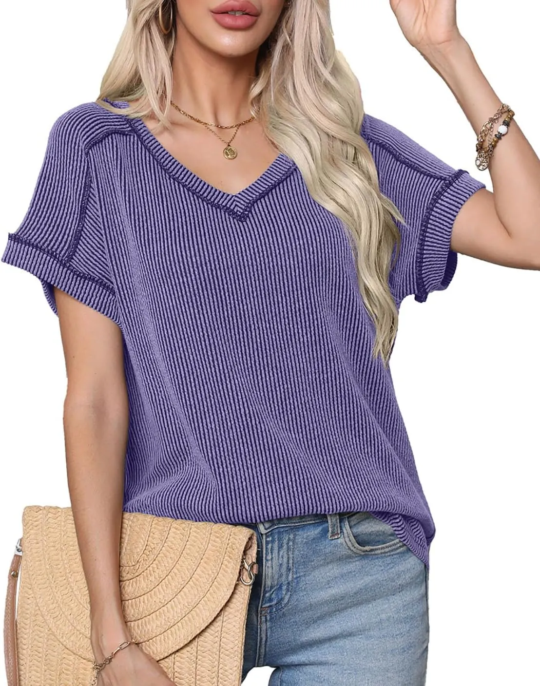 levaca Womens Summer Tops V Neck Cap Short Sleeve Ribbed Tshirts Business Casual Loose Fit Basic Tees Trendy Tunics Clothes