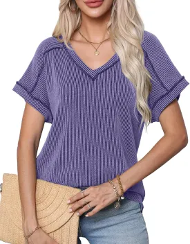levaca Womens Summer Tops V Neck Cap Short Sleeve Ribbed Tshirts Business Casual Loose Fit Basic Tees Trendy Tunics Clothes