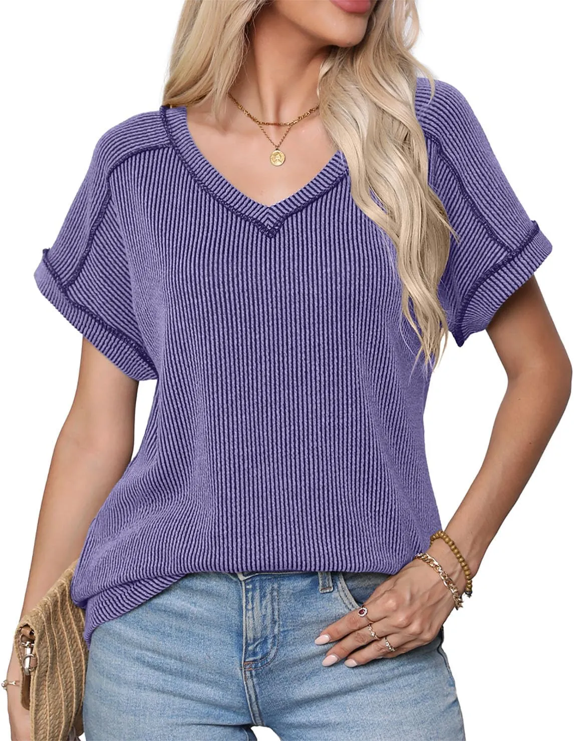 levaca Womens Summer Tops V Neck Cap Short Sleeve Ribbed Tshirts Business Casual Loose Fit Basic Tees Trendy Tunics Clothes