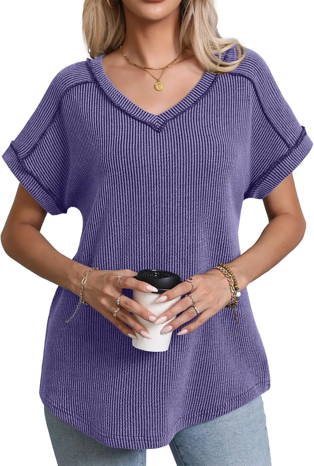 levaca Womens Summer Tops V Neck Cap Short Sleeve Ribbed Tshirts Business Casual Loose Fit Basic Tees Trendy Tunics Clothes