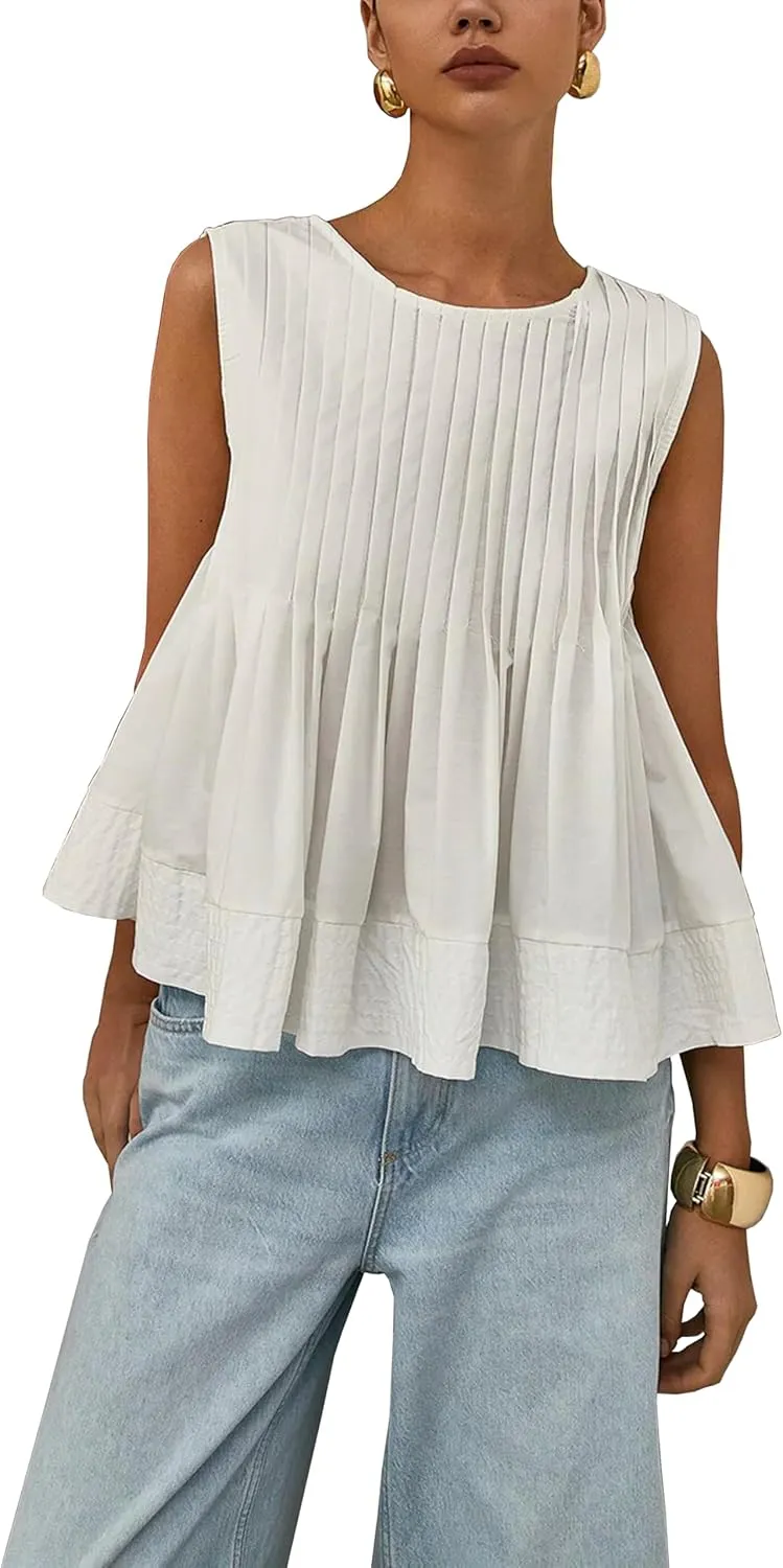 Lumister Womens Peplum Babydoll Tops Cute Pleated Sleeveless Ruffle Strap T Shirts Tank Summer Tops