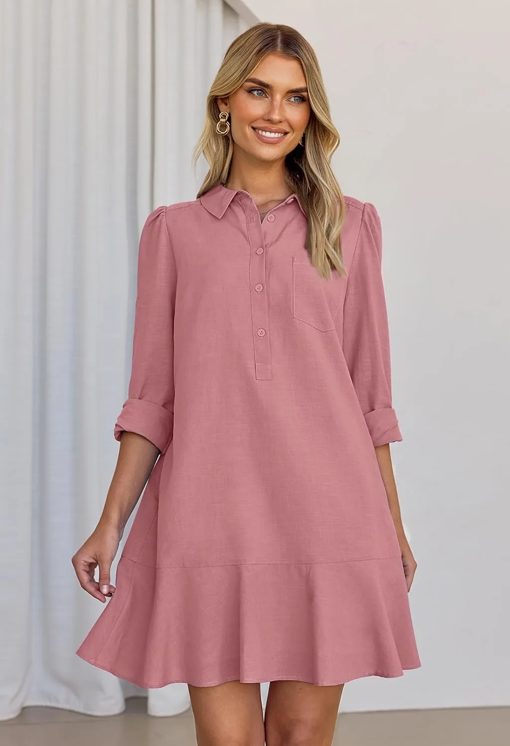 MEROKEETY Women's Casual Shirt Dress Long Sleeve Button Down Ruffle Flowy Tunic Shift Mini Dresses