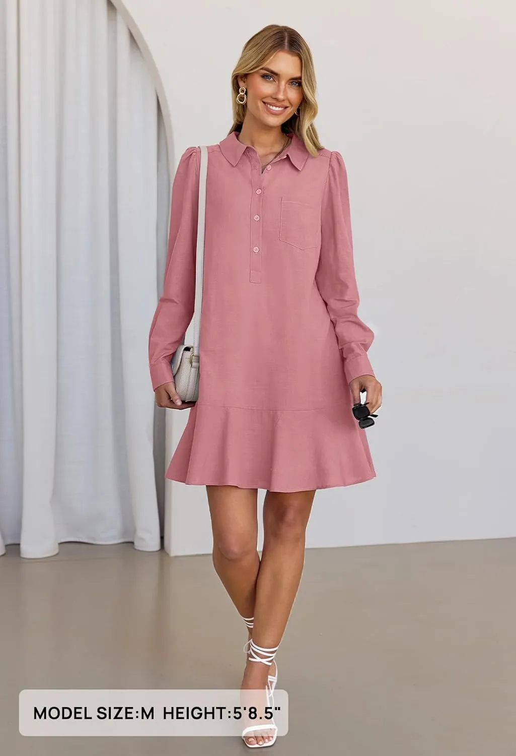 MEROKEETY Women's Casual Shirt Dress Long Sleeve Button Down Ruffle Flowy Tunic Shift Mini Dresses
