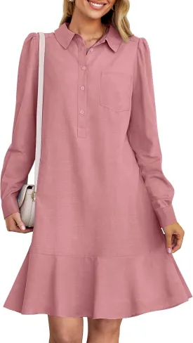 MEROKEETY Women's Casual Shirt Dress Long Sleeve Button Down Ruffle Flowy Tunic Shift Mini Dresses