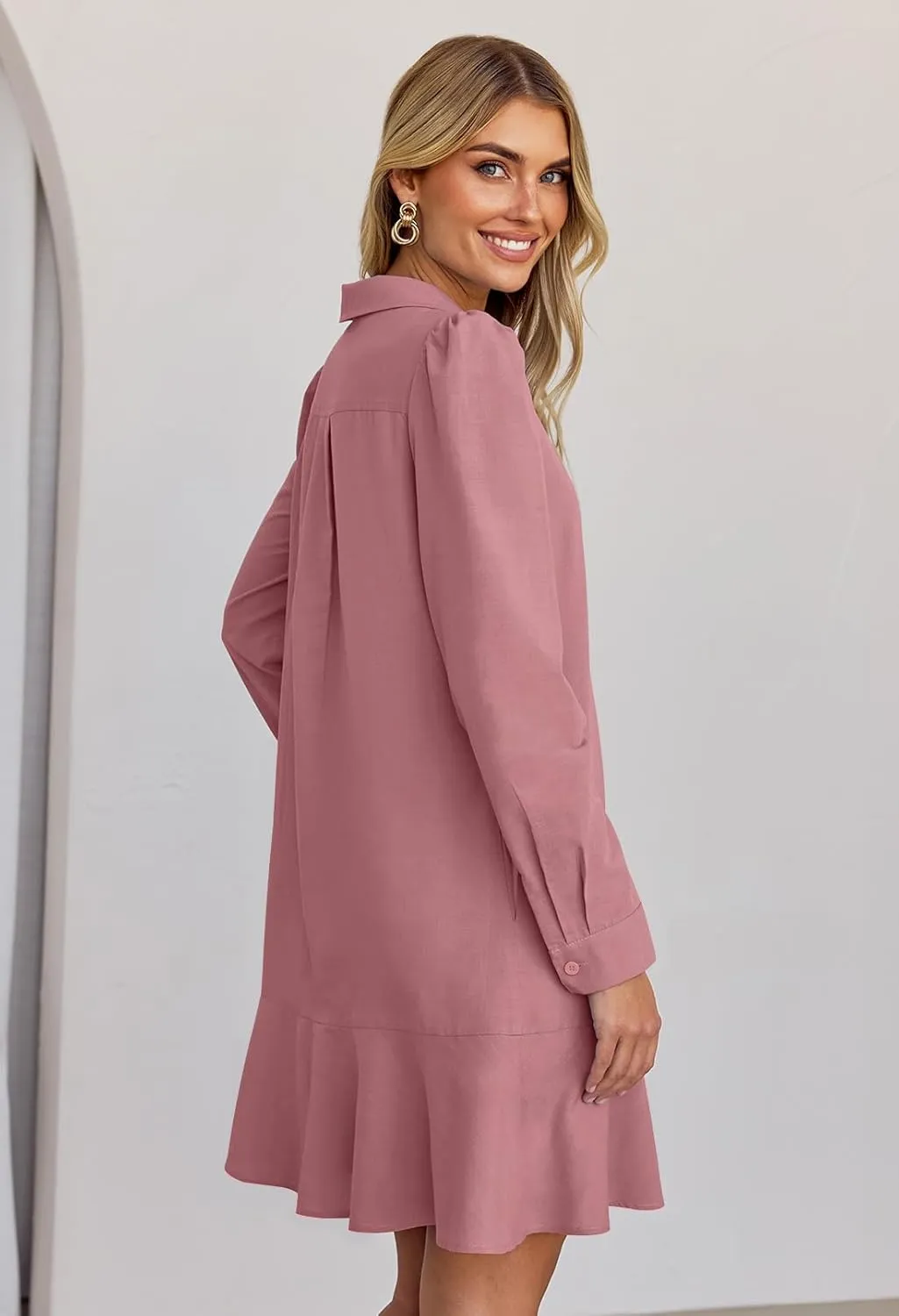 MEROKEETY Women's Casual Shirt Dress Long Sleeve Button Down Ruffle Flowy Tunic Shift Mini Dresses