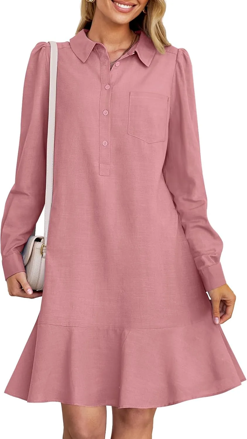 MEROKEETY Women's Casual Shirt Dress Long Sleeve Button Down Ruffle Flowy Tunic Shift Mini Dresses