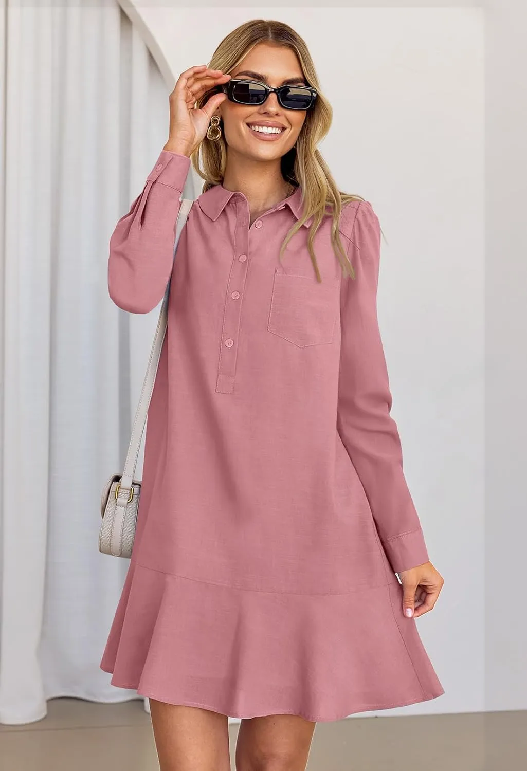 MEROKEETY Women's Casual Shirt Dress Long Sleeve Button Down Ruffle Flowy Tunic Shift Mini Dresses