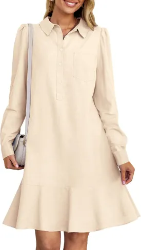 MEROKEETY Women's Casual Shirt Dress Long Sleeve Button Down Ruffle Flowy Tunic Shift Mini Dresses