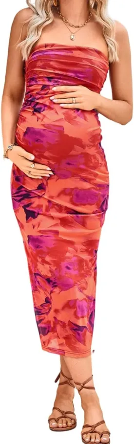 Milumia Women's Maternity Floral Mesh Split Strapless Tube Dress Bodycon Maxi Dresses