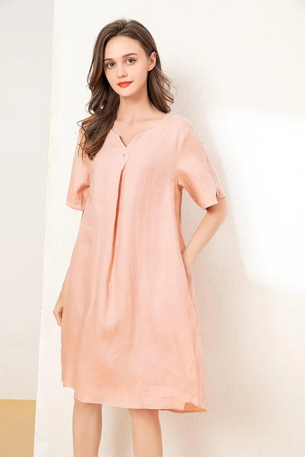 Minibee Women's Summer T Shirt Dress V Neck Linen Casual Tunic Short Sleeve Boho Flowy Sun Dresses