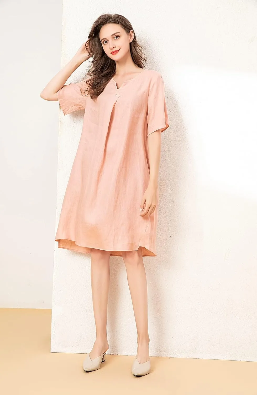 Minibee Women's Summer T Shirt Dress V Neck Linen Casual Tunic Short Sleeve Boho Flowy Sun Dresses