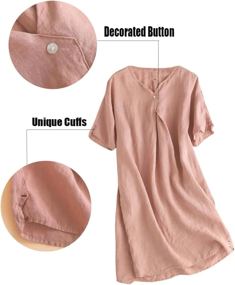 Minibee Women's Summer T Shirt Dress V Neck Linen Casual Tunic Short Sleeve Boho Flowy Sun Dresses