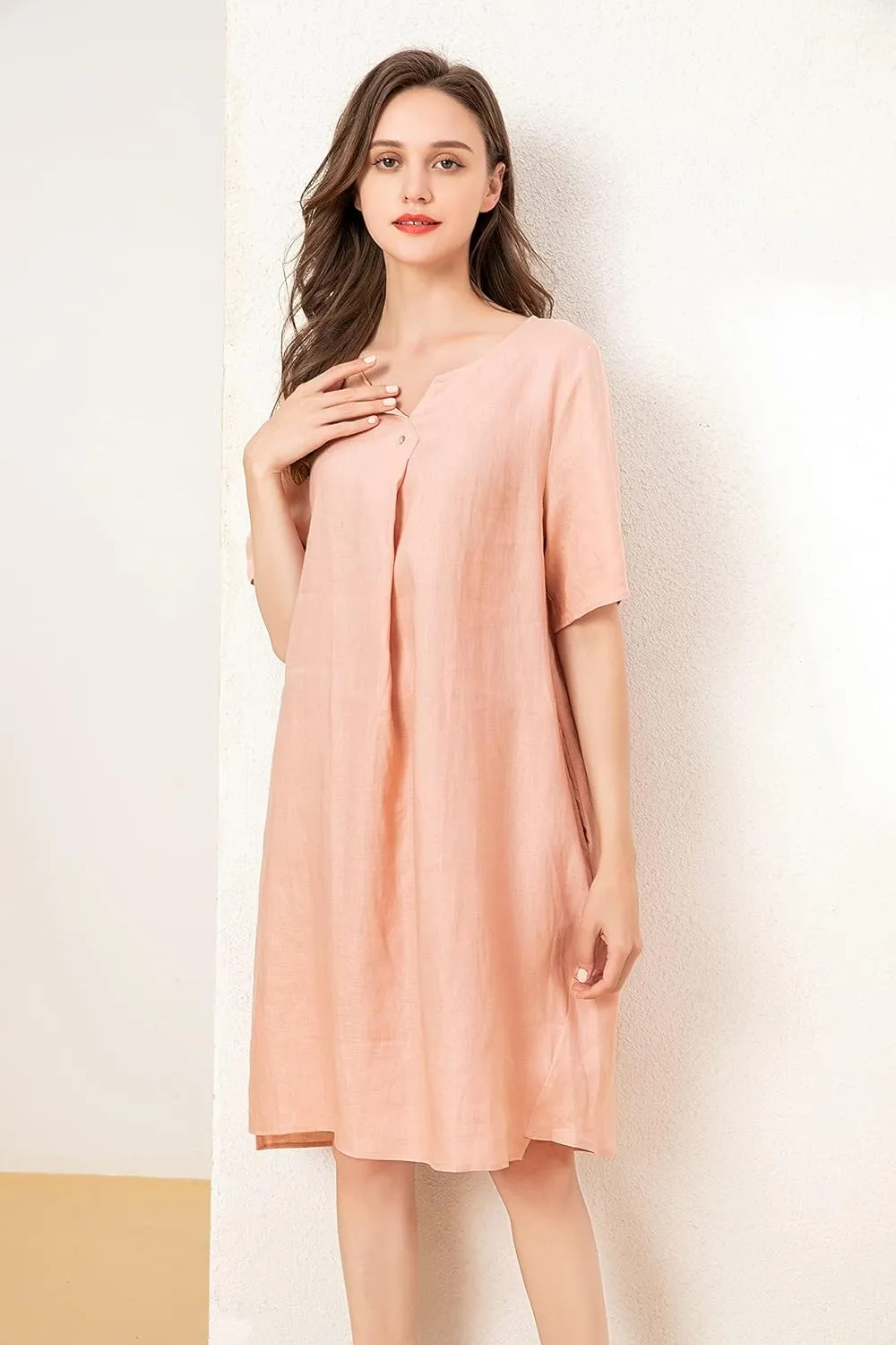 Minibee Women's Summer T Shirt Dress V Neck Linen Casual Tunic Short Sleeve Boho Flowy Sun Dresses