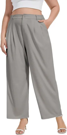 Moon Wood Women's Plus Size Wide Leg Pants High Elastic Waisted Casual Work Pants Office Business Dress Pants with Pockets