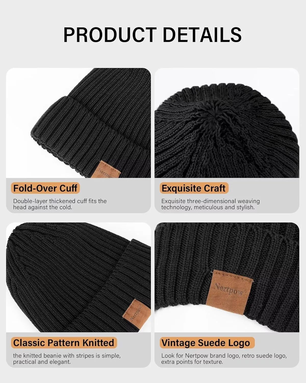 Nertpow Mens Beanie Hats 3 Pack, Winter Hats for Men Women Warm Thermal Fleece Lined, Thick Knit Fashion Skull Cap for Guys