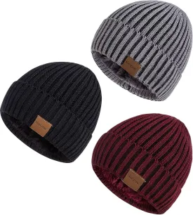 Nertpow Mens Beanie Hats 3 Pack, Winter Hats for Men Women Warm Thermal Fleece Lined, Thick Knit Fashion Skull Cap for Guys