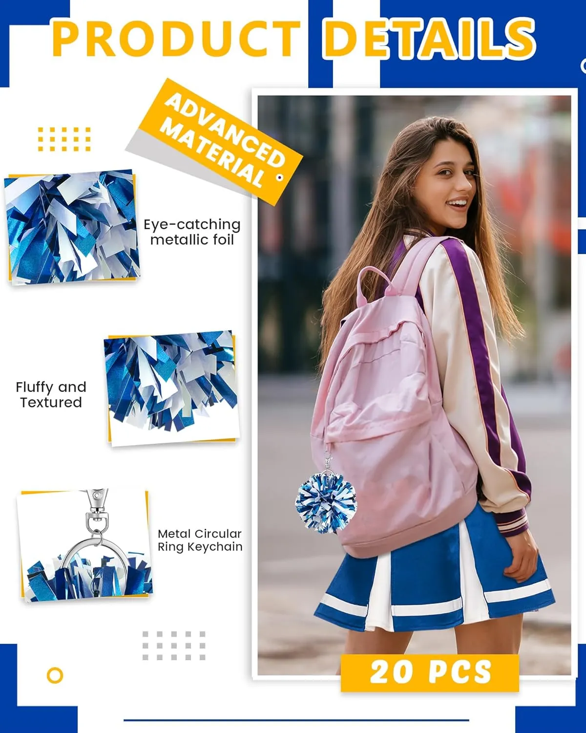 Remuuly Cheer Pom Pom Keychain Cheerleader Gifts Cheerleading Keyring Charm Foil with Keychain Hooks for Women Accessories