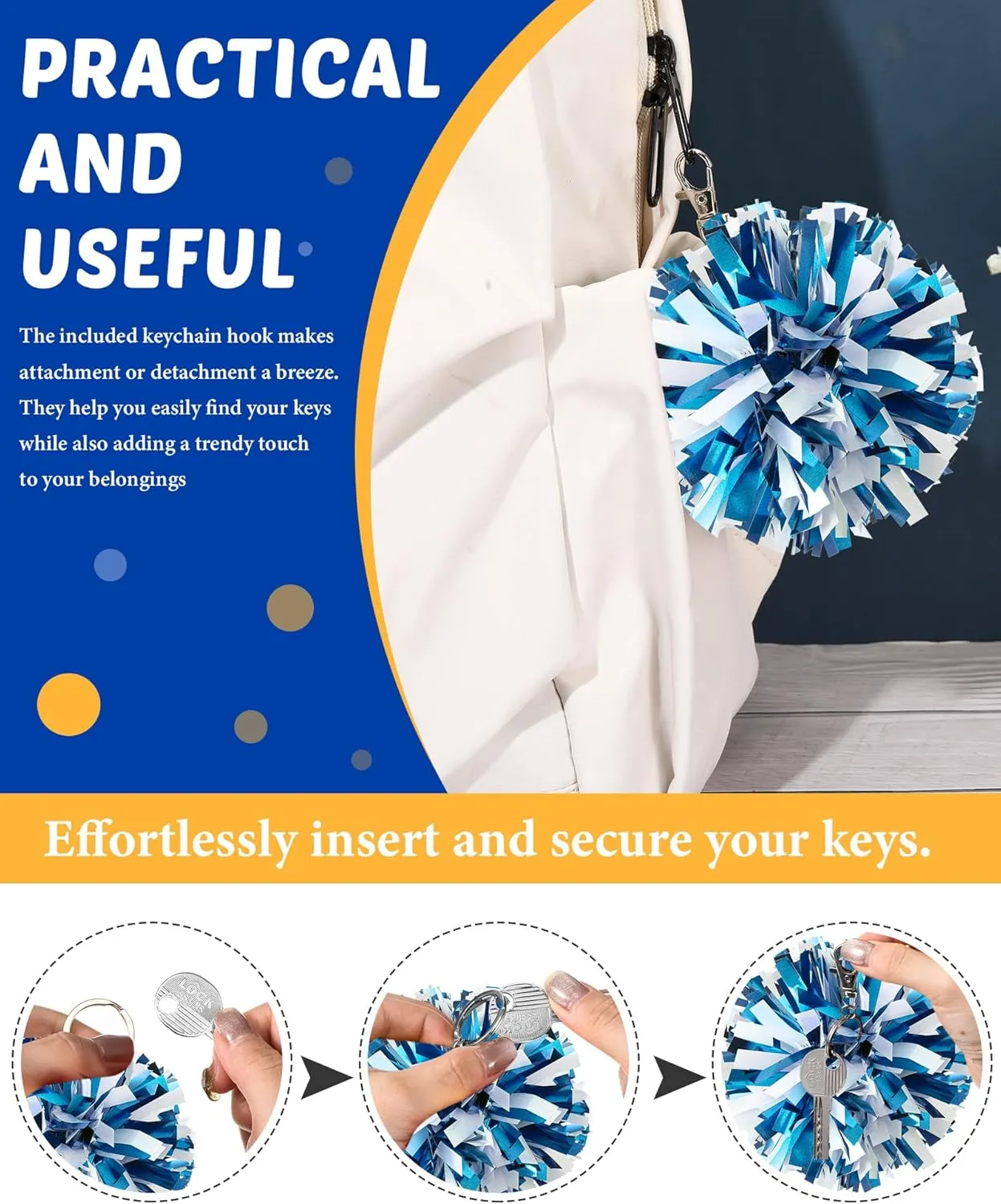 Remuuly Cheer Pom Pom Keychain Cheerleader Gifts Cheerleading Keyring Charm Foil with Keychain Hooks for Women Accessories