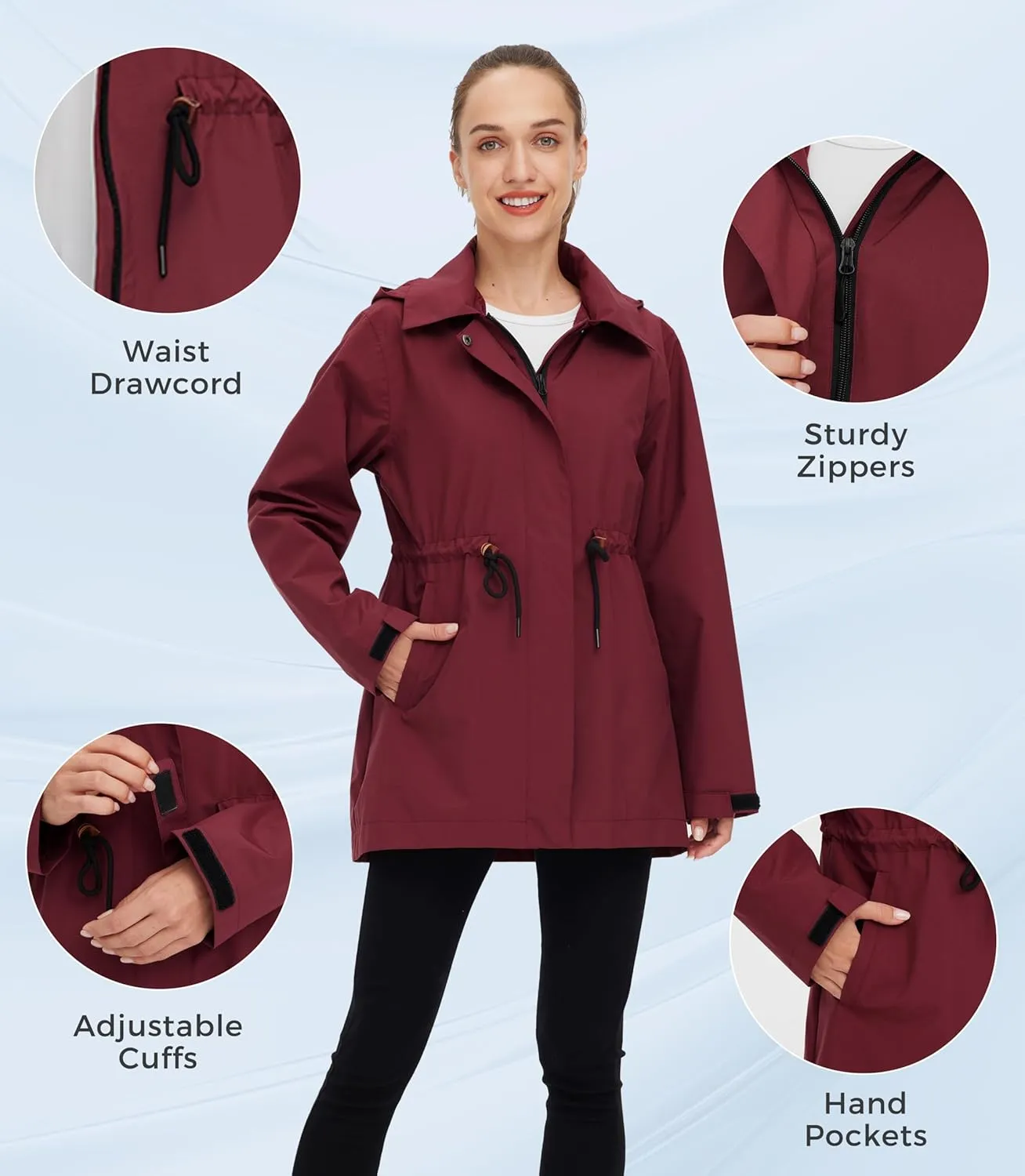 wantdo Women's Waterproof Long Raincoats Lightweight Rain Jacket Hooded Trench Coats Windbproof Jacket