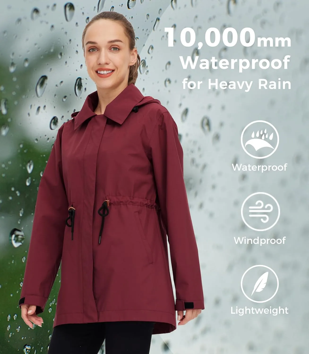 wantdo Women's Waterproof Long Raincoats Lightweight Rain Jacket Hooded Trench Coats Windbproof Jacket
