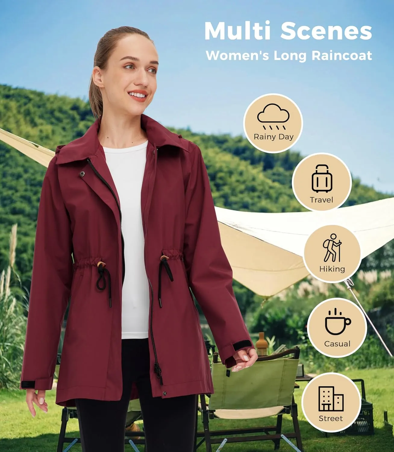 wantdo Women's Waterproof Long Raincoats Lightweight Rain Jacket Hooded Trench Coats Windbproof Jacket