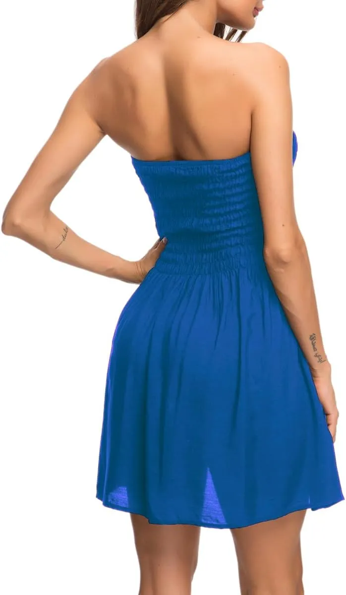 Women Summer Tie Shoulder Dress Smocked Ruffle Tube Top A Line Beach Mini Dress 05