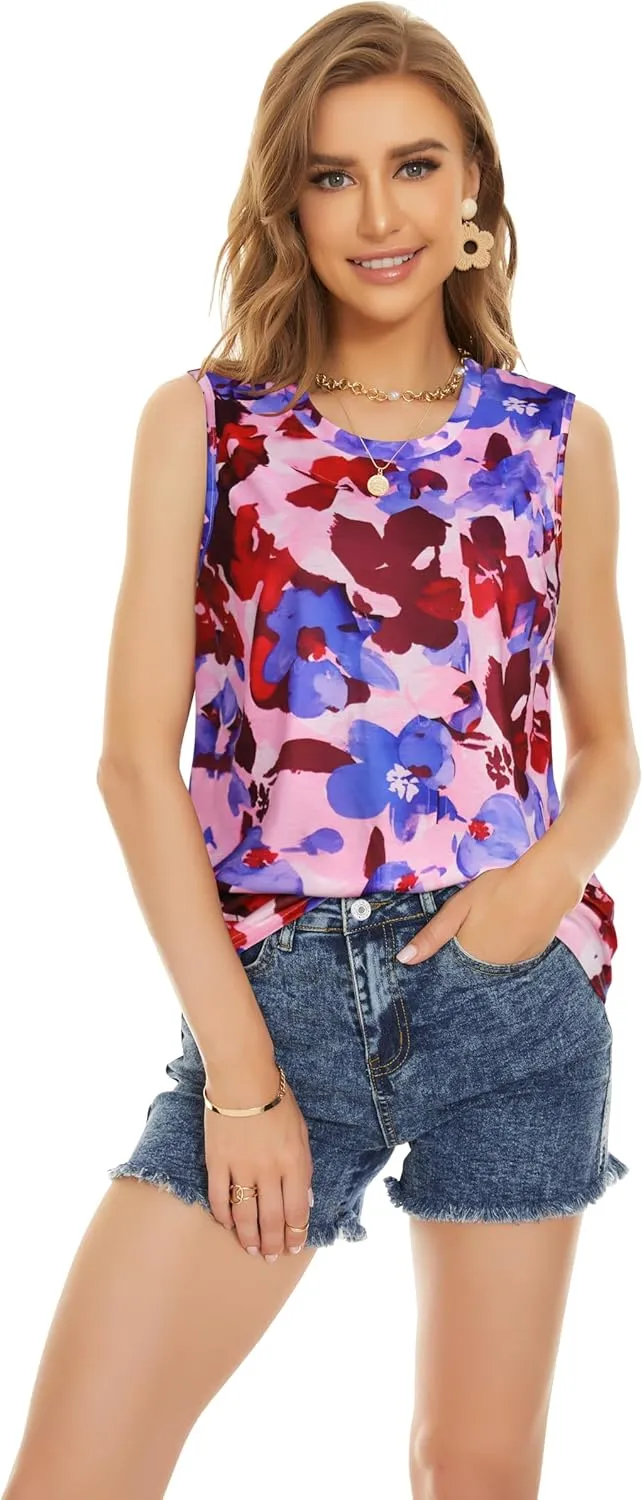 Women Summer Tops Sleeveless Tank Floral Casual Cute Loose Fit Cute T-Shirt Tunic