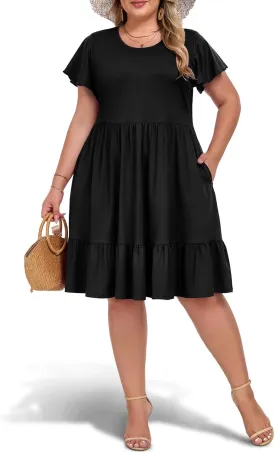 Women's 2025 Plus Size Casual Dress Crew Neck Ruffle Floral Short Sleeve Summer Midi Dresses with Pockets