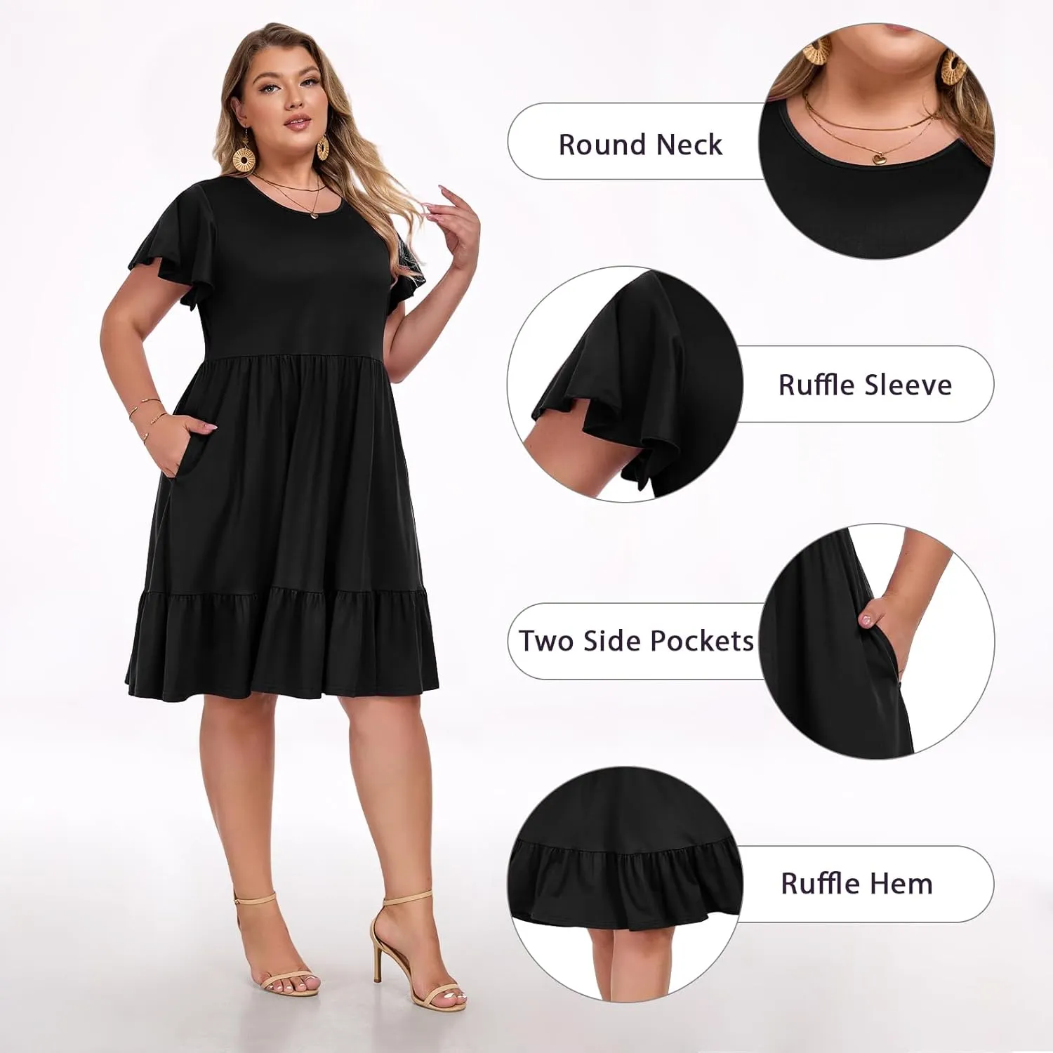 Women's 2025 Plus Size Casual Dress Crew Neck Ruffle Floral Short Sleeve Summer Midi Dresses with Pockets