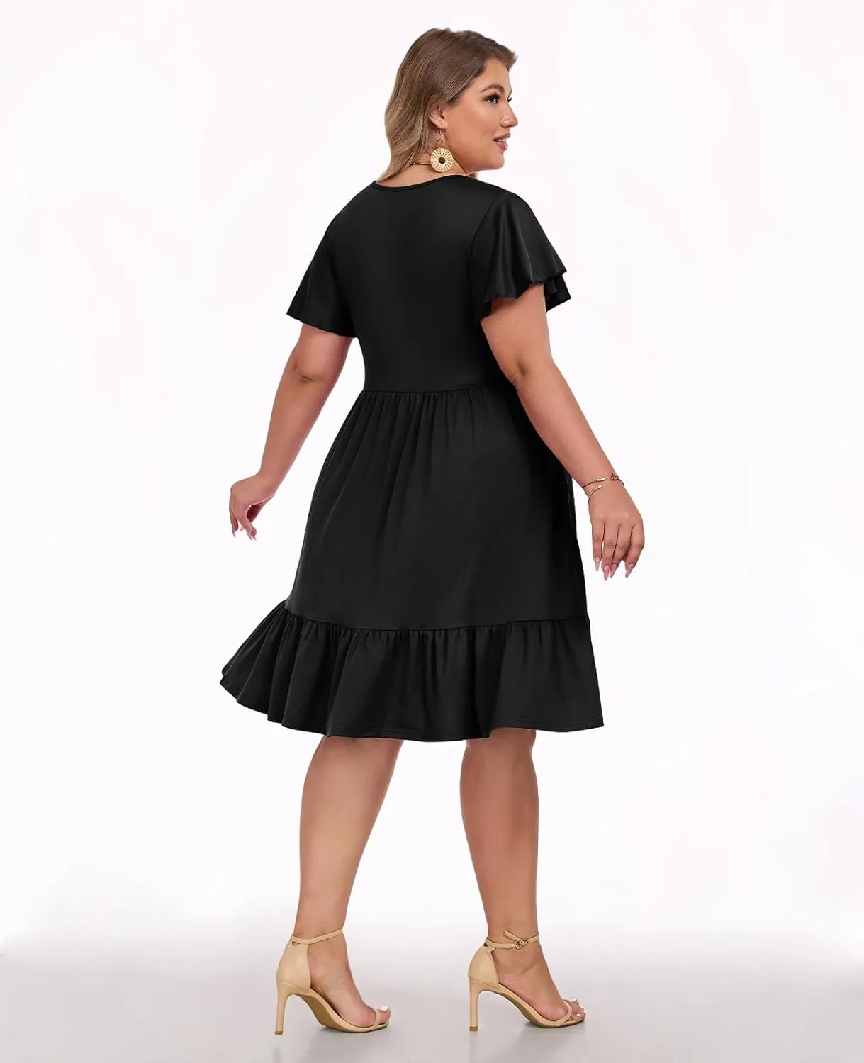 Women's 2025 Plus Size Casual Dress Crew Neck Ruffle Floral Short Sleeve Summer Midi Dresses with Pockets