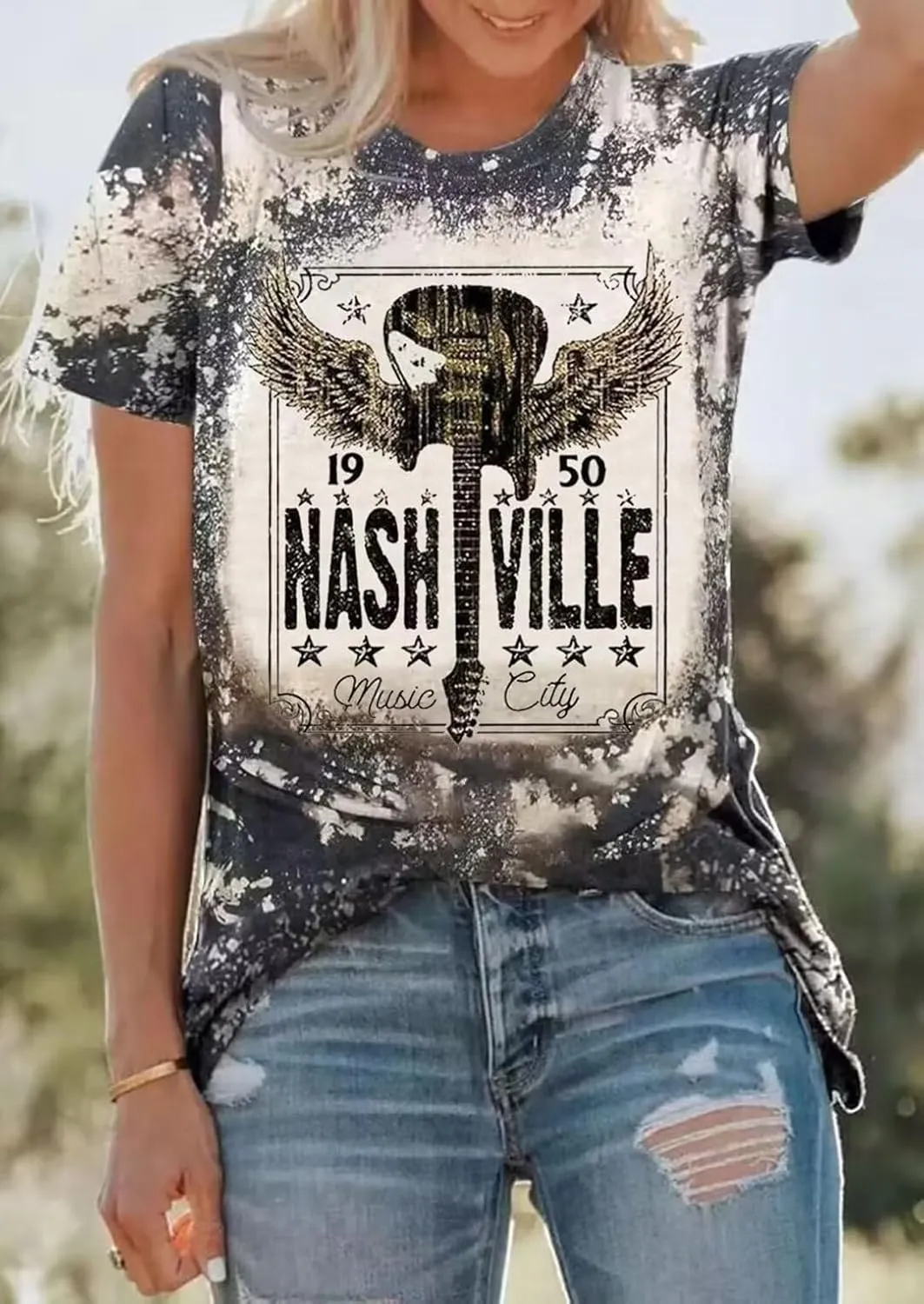 Women's Country Music Festival Tshirt Vintage Guitar Graphic Shirt Summer Casual Rock Band Short Sleeve Tops