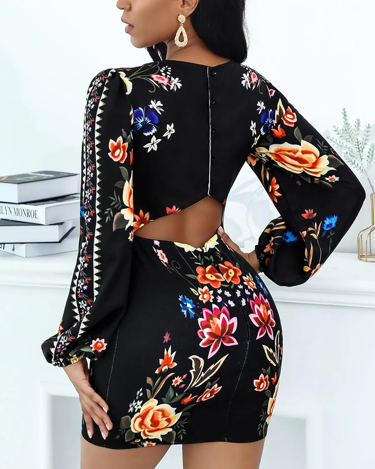 Women's Floral Print Bodycon Dress Lantern Long Sleeve Round Neck Waist Cutout Guest Cocktail Midi Dresses