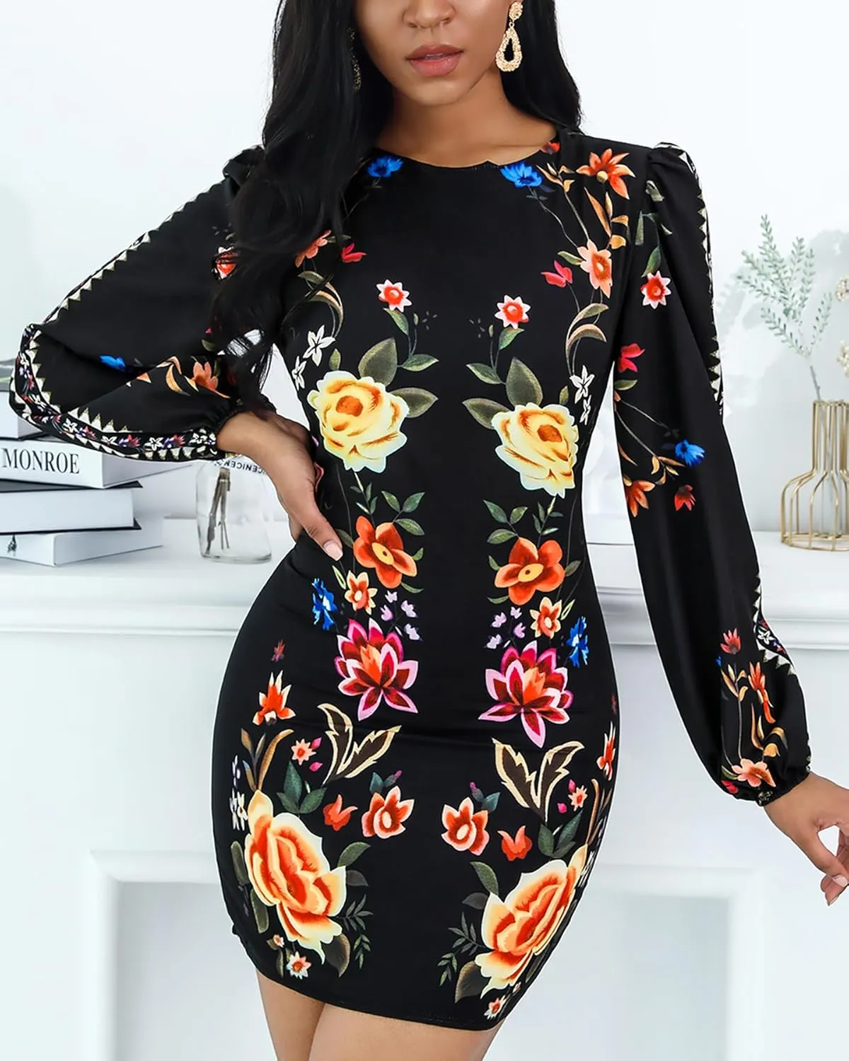 Women's Floral Print Bodycon Dress Lantern Long Sleeve Round Neck Waist Cutout Guest Cocktail Midi Dresses