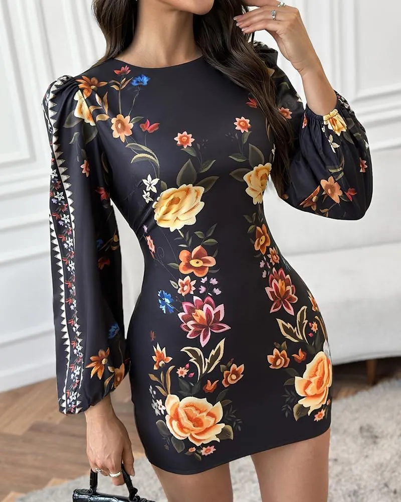 Women's Floral Print Bodycon Dress Lantern Long Sleeve Round Neck Waist Cutout Guest Cocktail Midi Dresses