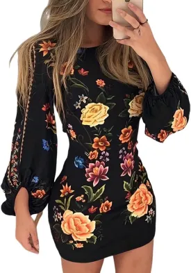 Women's Floral Print Bodycon Dress Lantern Long Sleeve Round Neck Waist Cutout Guest Cocktail Midi Dresses