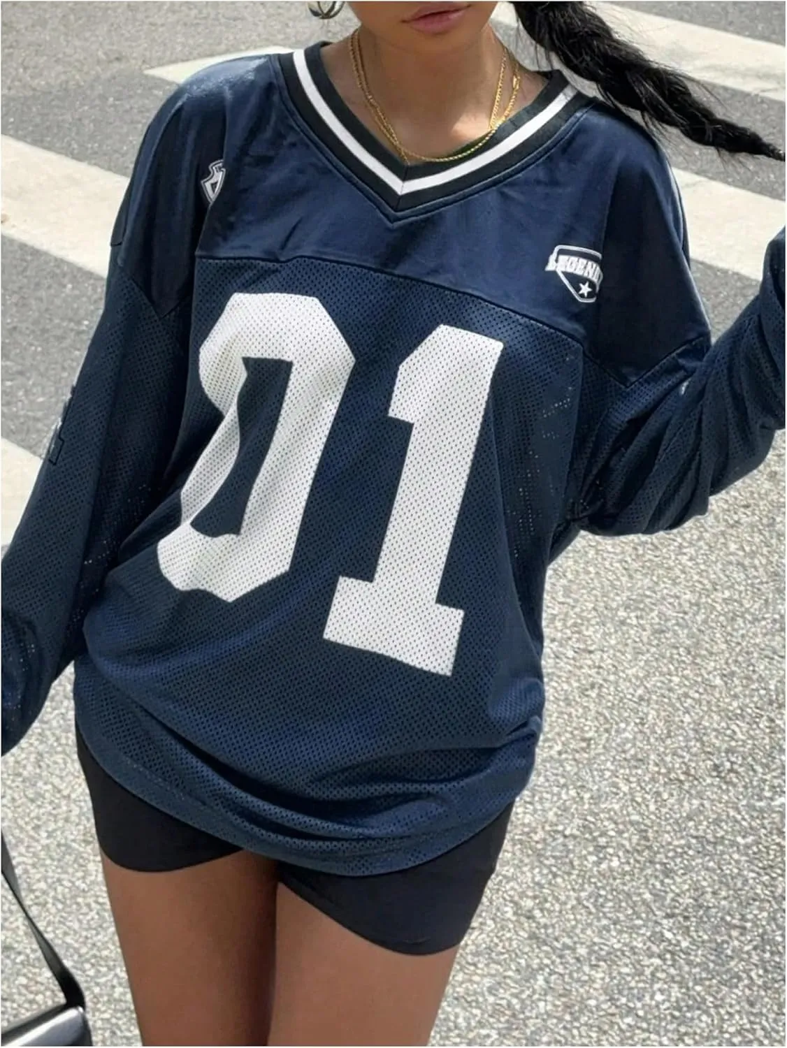 Women's Jersey Shirts Y2k Oversized T Shirt Number Letter Graphic Long Sleeve V Neck Sports Tee