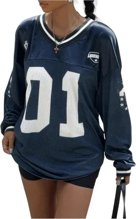 Women's Jersey Shirts Y2k Oversized T Shirt Number Letter Graphic Long Sleeve V Neck Sports Tee