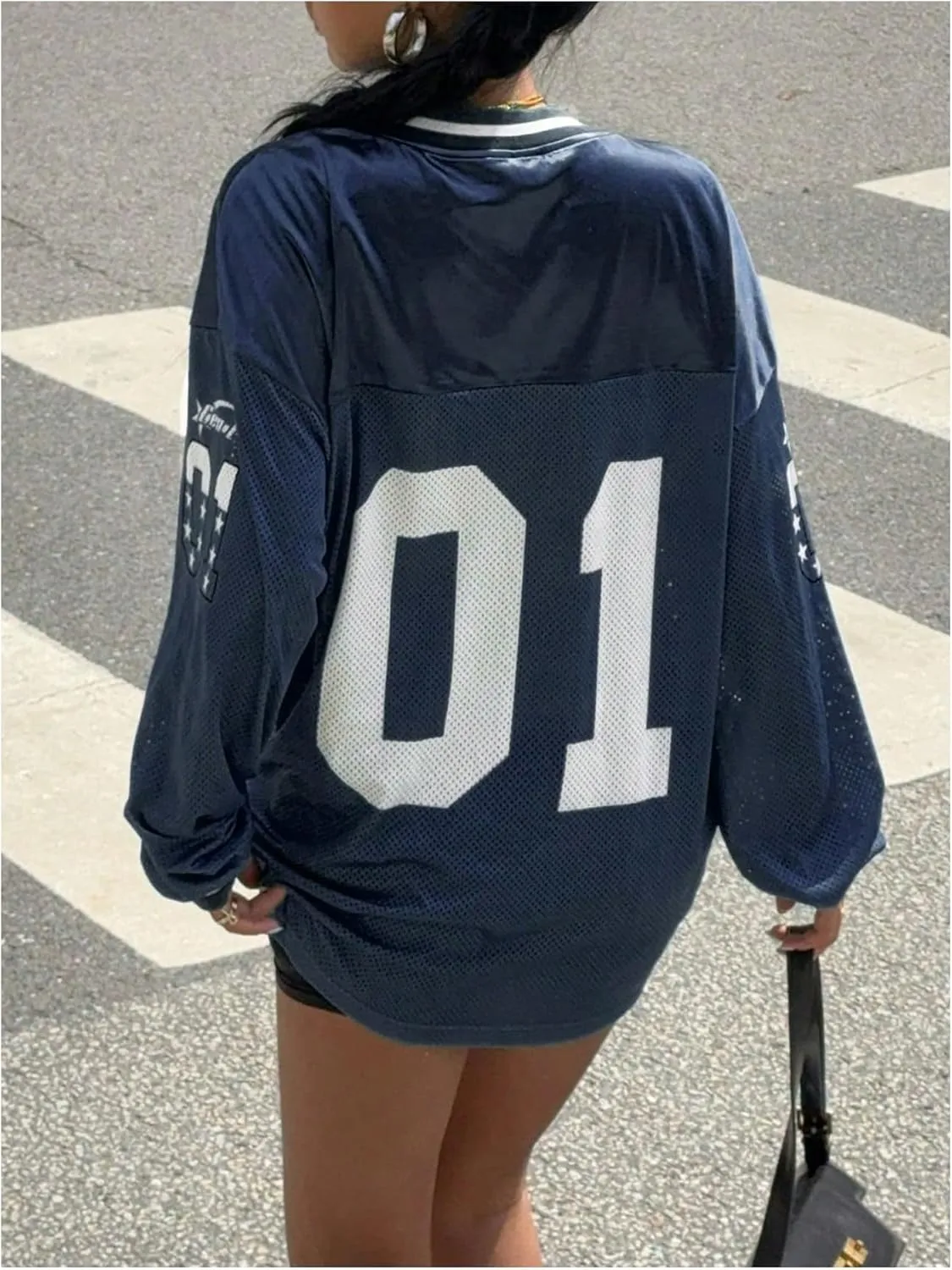 Women's Jersey Shirts Y2k Oversized T Shirt Number Letter Graphic Long Sleeve V Neck Sports Tee