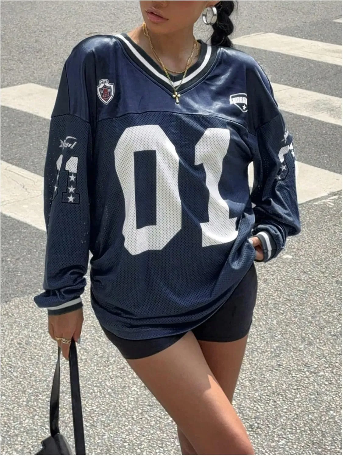 Women's Jersey Shirts Y2k Oversized T Shirt Number Letter Graphic Long Sleeve V Neck Sports Tee