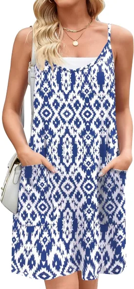 Zeagoo Women Summer Dresses Casual Beach Vacation Dress Spaghetti Strap Sundress Sleeveless Mini Short Dress with Pockets