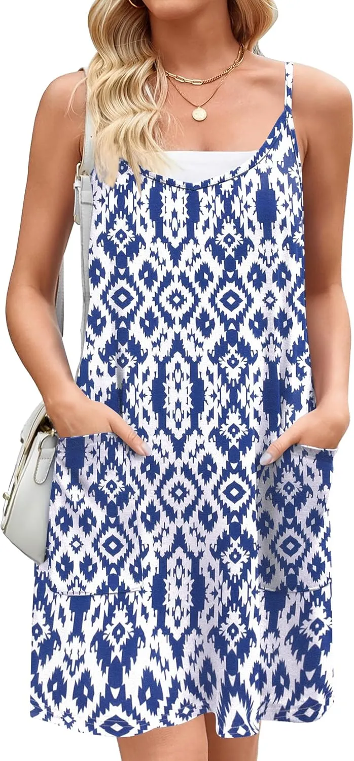 Zeagoo Women Summer Dresses Casual Beach Vacation Dress Spaghetti Strap Sundress Sleeveless Mini Short Dress with Pockets